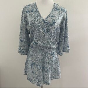 Elan Flowy Romper Faux Wrap Ocean Dark Paisley Cerulean Blue Bell Sleeves S